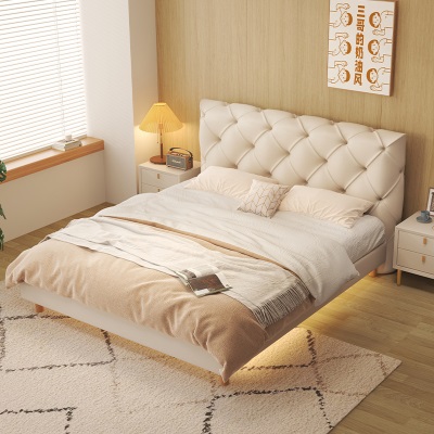 现代简约轻奢奶油风ins创意软包皮床带自动感应灯家用主卧双人床