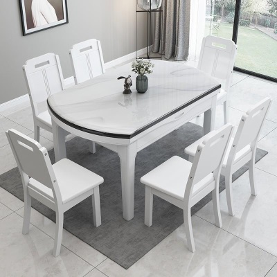 轻奢大理石岩板餐桌椅简约现代小户型可折叠伸缩家用圆饭桌子组合