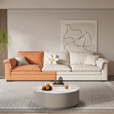 现代简约三人位沙发磨砂布实木奶油风轻奢客厅休闲创意拼色沙发