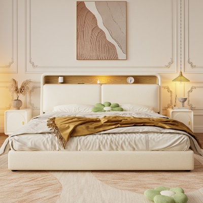实木软包床奶油风布艺床现代简约1.8米双人床储物主卧小户型婚床