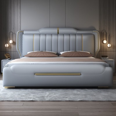真皮床1.8m现代简约双人大床主卧高端婚床2米2.2米储物轻奢皮床