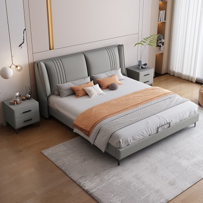 意式极简轻奢真皮床现代简约1米8双人主卧室高端大气齐边软包婚床