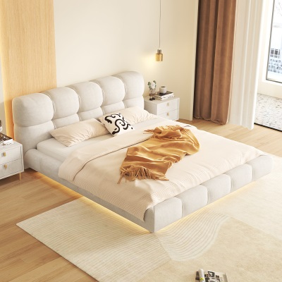 奶油风悬浮床带灯大床意式极简现代泡芙实木磨砂布双人床主卧大床
