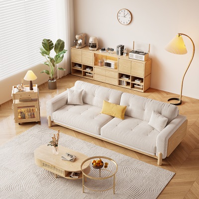 奶油风白蜡实木布艺沙发小户型客厅北欧现代简约原木日式直排沙发