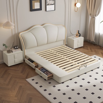 奶油风生态皮床现代简约1.8米双人主卧室婚床轻奢高箱储物床