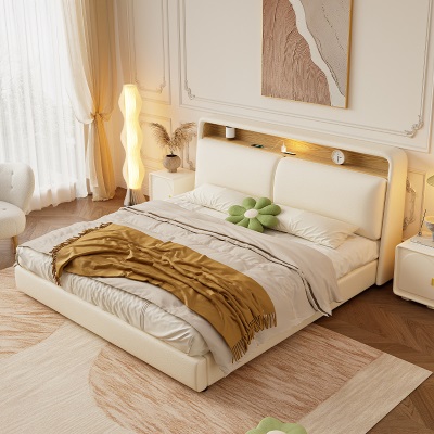 实木软包床奶油风布艺床现代简约1.8米双人床储物主卧小户型婚床