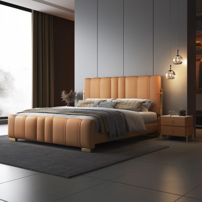 轻奢极简主卧室床1.8米双人床2米大床储物婚床高端现代简约真皮床