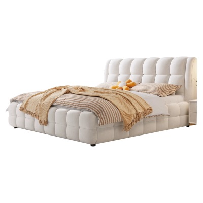 奶油风布艺床现代简约双人床1.8米主卧大床轻奢ins棉花糖软床婚床