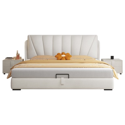 奶油风科技布床轻奢现代布艺床1米8主卧大床简约床头软包储物婚床
