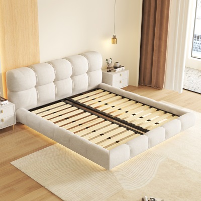 奶油风悬浮床带灯大床意式极简现代泡芙实木磨砂布双人床主卧大床