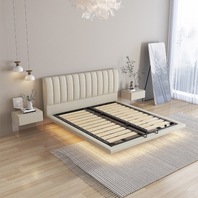 悬浮床钢木结构奶油风科技绒布1.8m主卧大床双人床现代简约悬空床