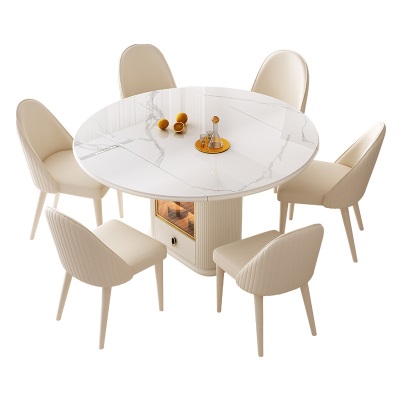 顺派多功能伸缩储物岩板餐桌现代简约轻奢家用折叠圆桌奶油风饭桌