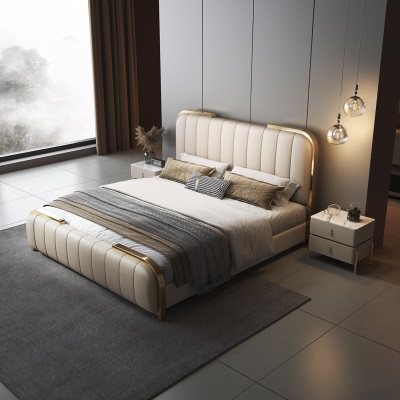 高端婚床北欧2米大床主卧双人齐边床现代简约皮床意式轻奢真皮床