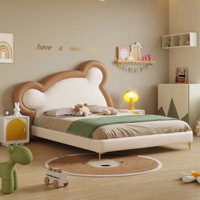 儿童床男孩女孩卡通软包床儿童房皮床现代简约小熊款单人床1.2米