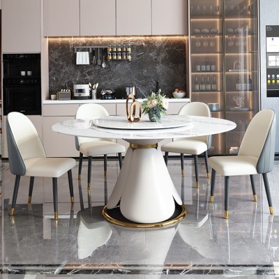轻奢亮光岩板餐桌椅子组合现代简约家用小户型圆形带转盘吃饭桌子