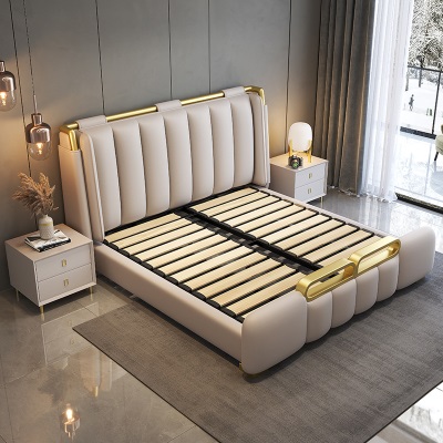 极简真皮床轻奢现代简约双人床主卧2米2.2米大床实木软包储物婚床