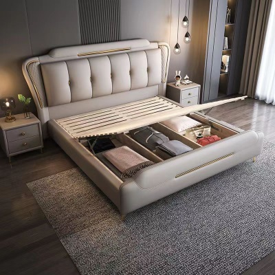 意式轻奢真皮床现代简约1.5米双人床主卧2m高端大床1.8米储物婚床