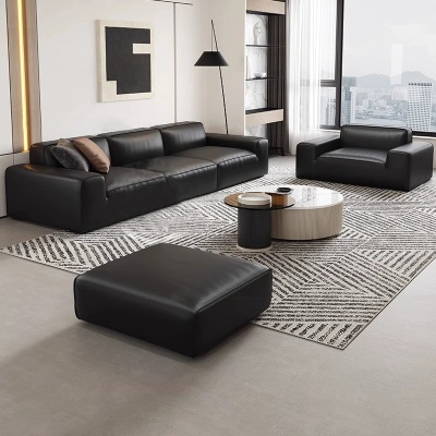 意式极简真皮沙发客厅大黑牛沙发组合现代简约高端直排布艺沙发