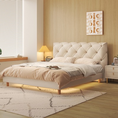 现代简约轻奢奶油风ins创意软包皮床带自动感应灯家用主卧双人床