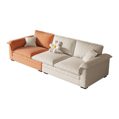 现代简约三人位沙发磨砂布实木奶油风轻奢客厅休闲创意拼色沙发