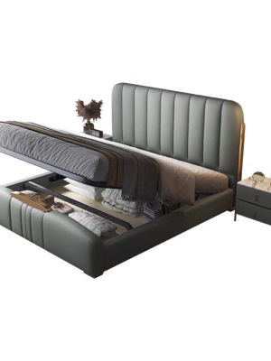 轻奢真皮床意式主卧大床2米x2米双人床现代简约高档储物气压婚床
