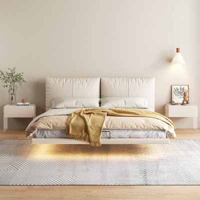 现代简约悬浮床1.5米卧室皮床1.8m双人床感应灯带超软婚床真皮床