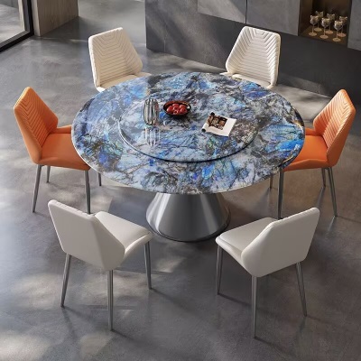 轻奢岩板餐桌椅组合现代简约家用意式圆桌带转盘圆形吃饭桌超晶石