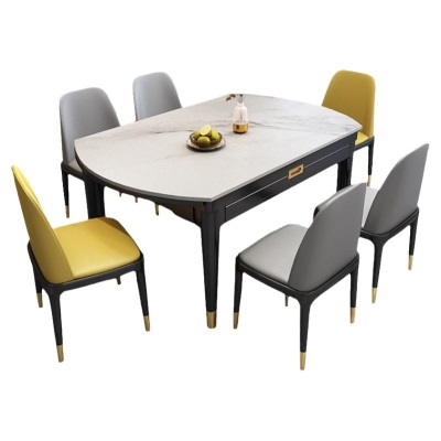 意式轻奢大理石餐桌椅组合伸缩圆形桌现代简约小户型家用岩板饭桌
