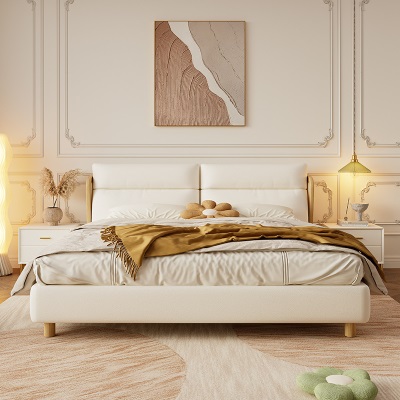 奶油风实木床轻奢现代简约主卧室双人床小户型网红猫爪布软包婚床