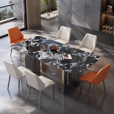 意式极简约现代白色岩板餐桌椅组合长方形高端小户型客厅家用方桌