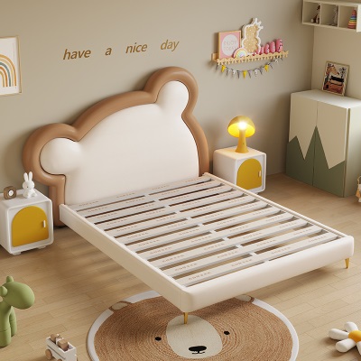 儿童床男孩女孩卡通软包床儿童房皮床现代简约小熊款单人床1.2米