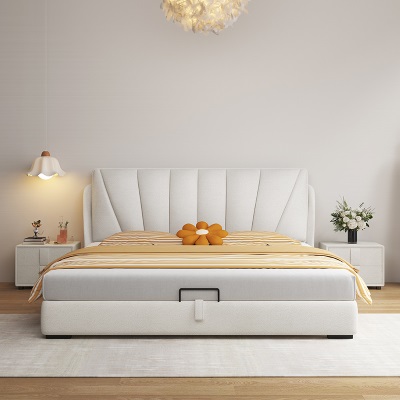 奶油风科技布床轻奢现代布艺床1米8主卧大床简约床头软包储物婚床