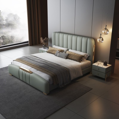 轻奢真皮床意式主卧大床2米x2米双人床现代简约高档储物气压婚床