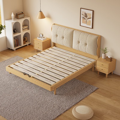 白蜡木实木床双人床灯芯绒软靠包床架北欧原木风民宿公寓日式矮床