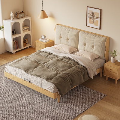 白蜡木实木床双人床灯芯绒软靠包床架北欧原木风民宿公寓日式矮床