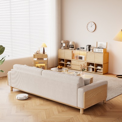 奶油风白蜡实木布艺沙发小户型客厅北欧现代简约原木日式直排沙发