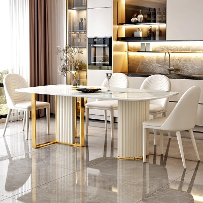 轻奢岩板餐桌椅组合白色家用小户型现代简约客厅长方形西歺桌饭桌