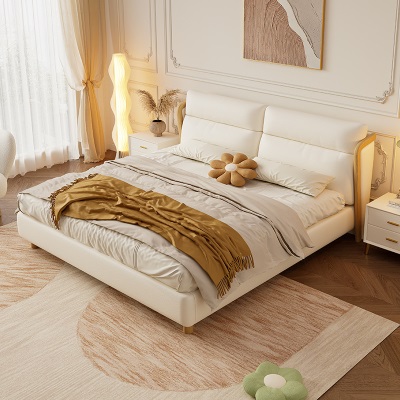 奶油风实木床轻奢现代简约主卧室双人床小户型网红猫爪布软包婚床