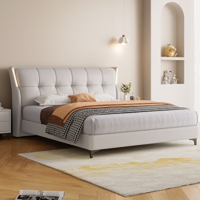 奶油风床1.5米小户型北欧床双人次卧皮床现代简约床真皮床1.8米