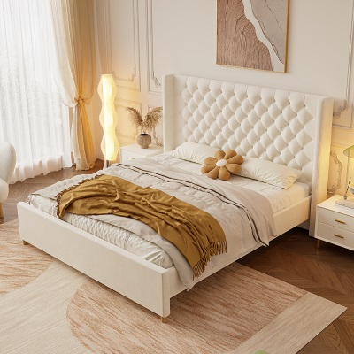现代简约轻奢布艺床实木床软包床1.8米双人床主卧小户型网红婚床