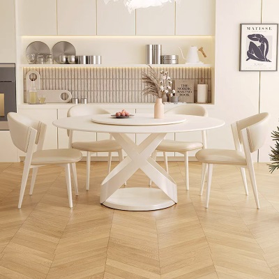 奶油风纯白色亮光岩板现代简约餐桌椅组合家用圆形餐桌哑光带转盘