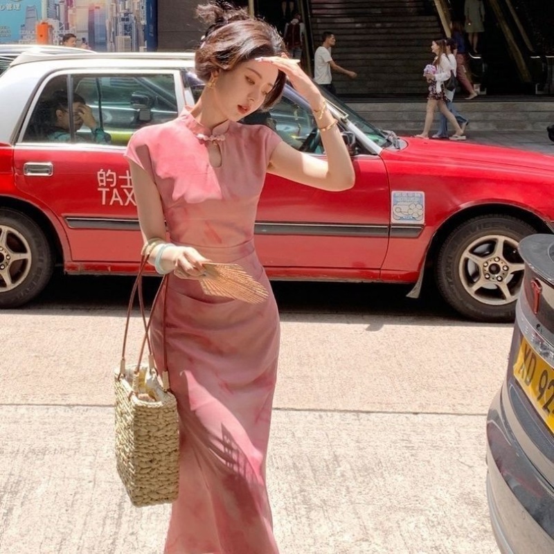 新中式国风改良旗袍镂空盘扣连衣裙复古小立领长裙子粉色弹力大码