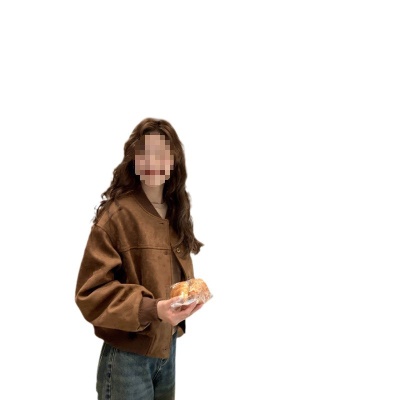 美式复古鹿皮绒棒球服外套夹克开衫春秋新款小个子短款机车服上衣