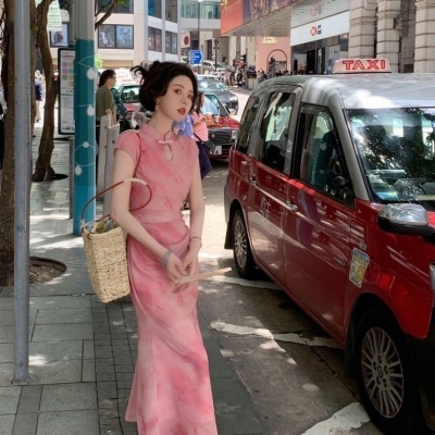新中式国风改良旗袍镂空盘扣连衣裙复古小立领长裙子粉色弹力大码
