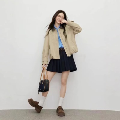 2026秋季新款外套翻领设计MIU风复古撞色休闲上衣宽松百搭夹克女