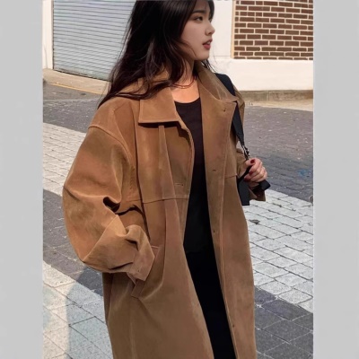 美拉德麂皮绒外套女韩国复古翻领宽松慵懒显瘦秋冬时髦长袖风衣女