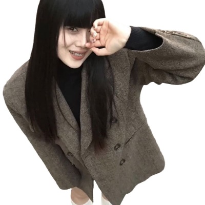 高级感复古咖色毛呢西装外套女冬季小众气质宽松休闲加厚呢子大衣