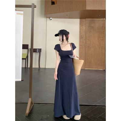 法式纯欲风夏季圆领短袖连衣裙包臀修身收腰长裙纯色高腰大摆裙