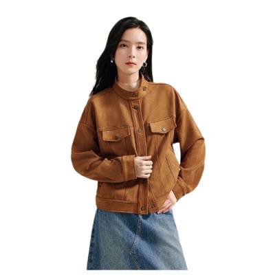 麂皮绒休闲短外套女士2026年春秋季新款气质复古工装立领夹克上衣