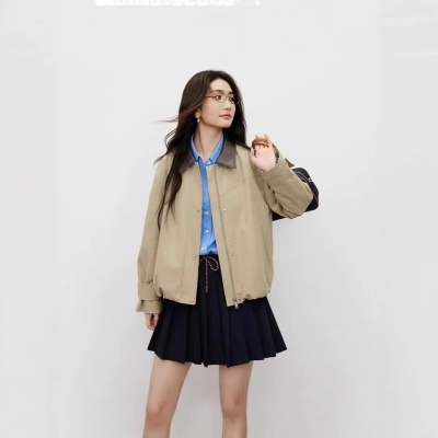 2026秋季新款外套翻领设计MIU风复古撞色休闲上衣宽松百搭夹克女